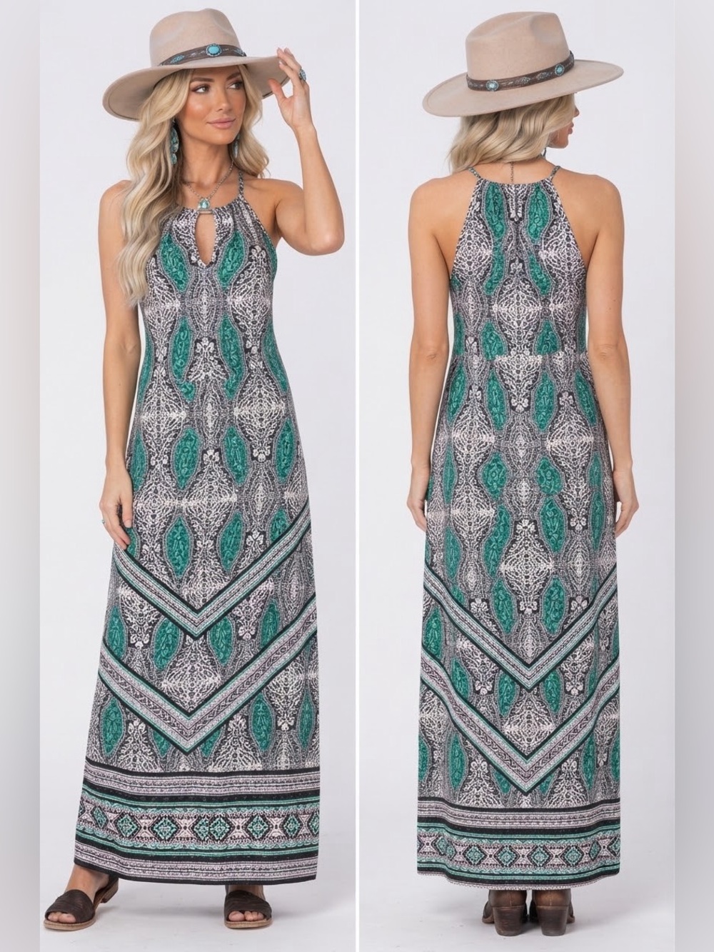 $130 NWT White House Black Market WHBM Teal Geometric Sleeveless Maxi Dress SP